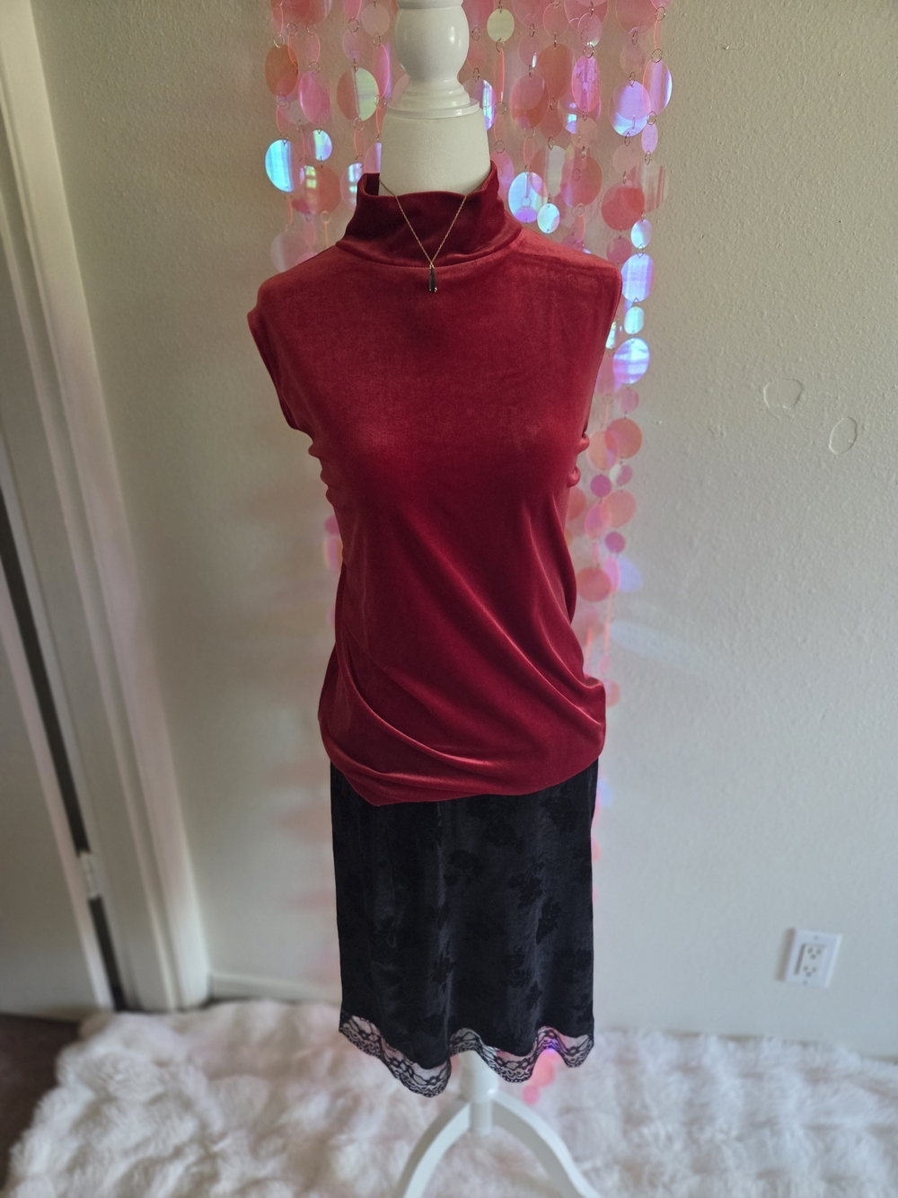90s Whimigoth Velvet Mock Neck Tank Top in Red